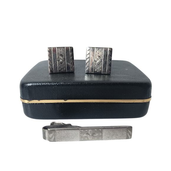 Vintage Speidel Cufflinks Tie Clip Set Sterling Fronts Base Metal Action - Picture 1 of 7